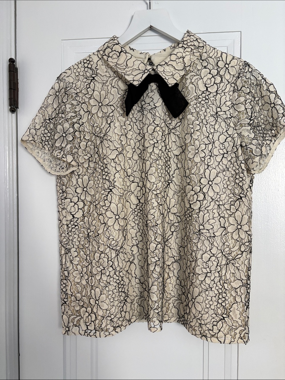 Karl Lagerfeld Cream and Black Lace Blouse with Black Bow Collar